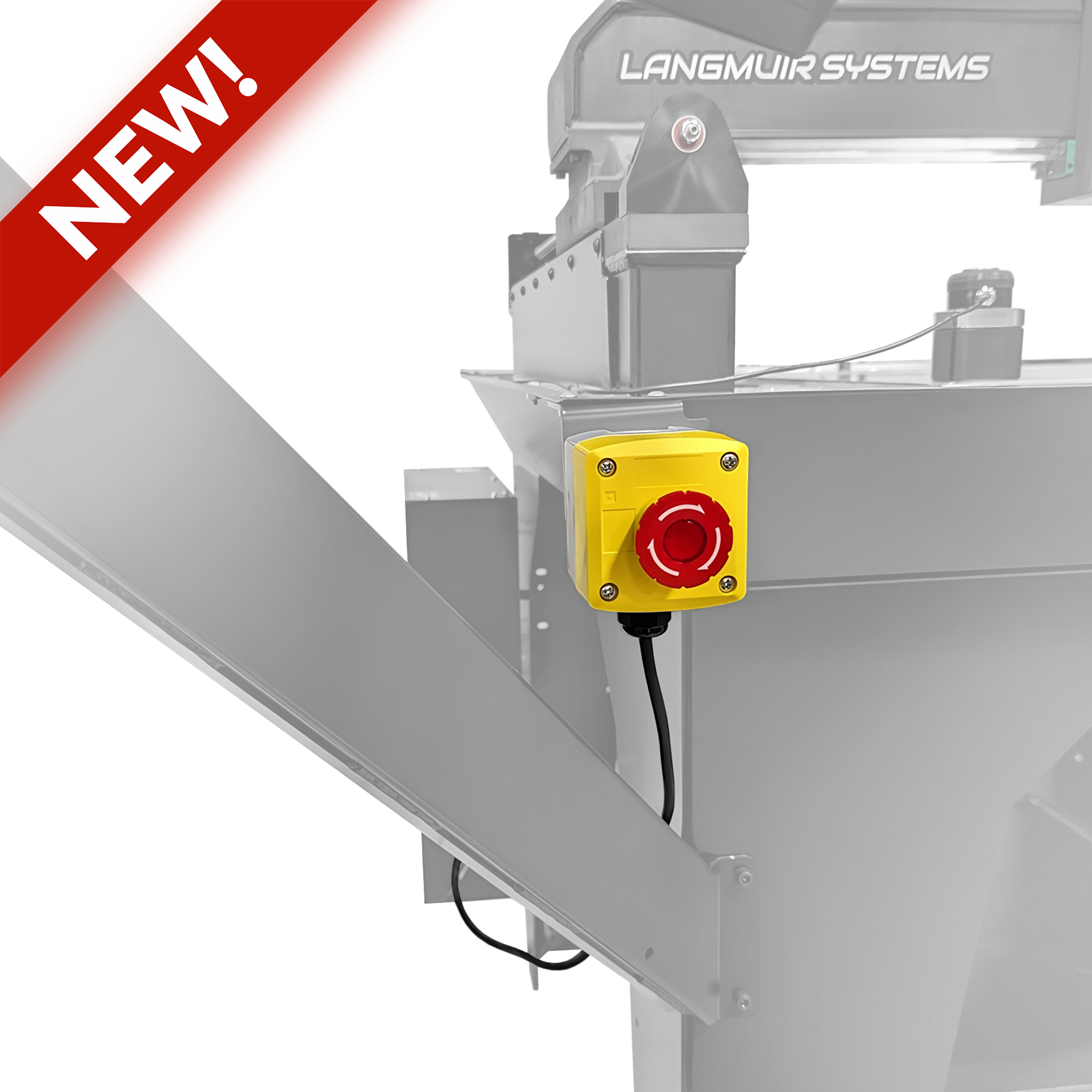 New Langmuir Systems Remote Emergency Stop for MR-1 Gantry Mill, prominently displayed on a machine arm for enhanced safety and easy access.