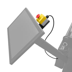 Close-up of the new Langmuir Systems Remote Emergency Stop button mounted near the touchscreen of a CrossFire XR for quick and safe operation.